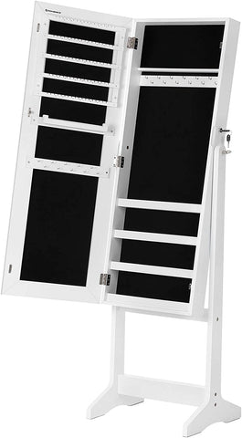 Mirrored Jewelry Cabinet Armoire, Standing Full Body Larger Mirror, Lockable Jewelry Organizer, White