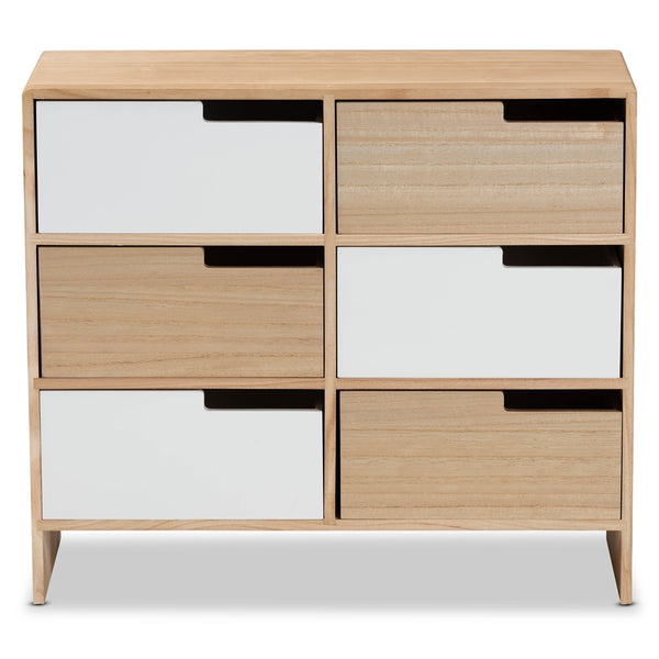 Modern and Contemporary Two-Tone White and Oak Brown Finished Wood 6-Drawer Storage Cabinet