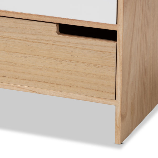 Modern and Contemporary Two-Tone White and Oak Brown Finished Wood 3-Drawer Storage Cabinet