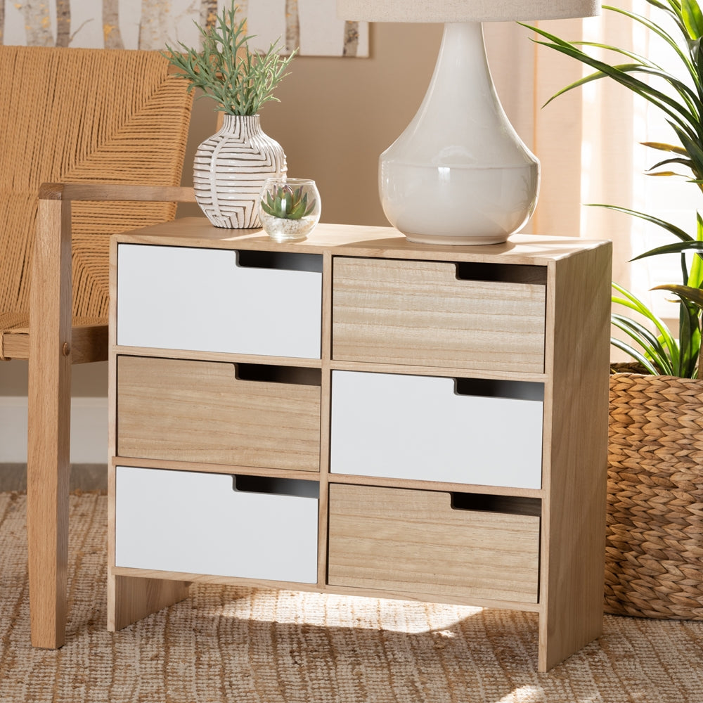 Modern and Contemporary Two-Tone White and Oak Brown Finished Wood 6-Drawer Storage Cabinet