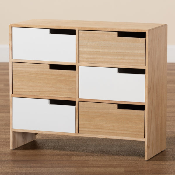 Modern and Contemporary Two-Tone White and Oak Brown Finished Wood 6-Drawer Storage Cabinet