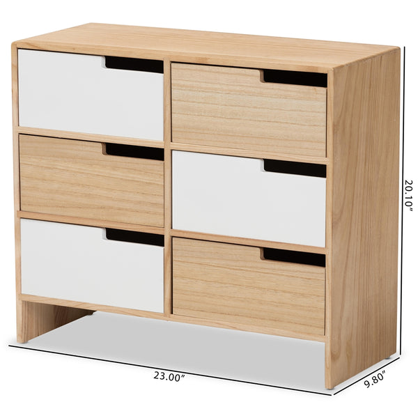 Modern and Contemporary Two-Tone White and Oak Brown Finished Wood 6-Drawer Storage Cabinet