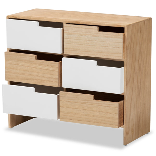 Modern and Contemporary Two-Tone White and Oak Brown Finished Wood 6-Drawer Storage Cabinet