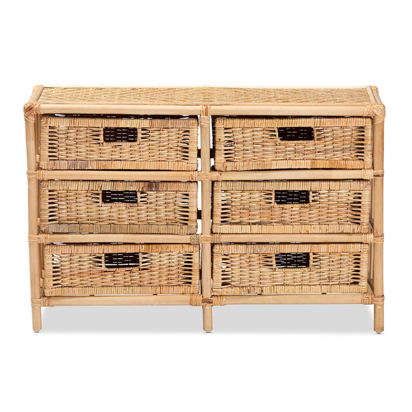 Modern Bohemian Natural Brown Rattan 6-Drawer Storage Cabinet