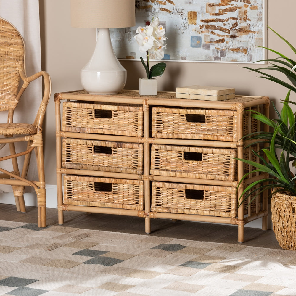 Modern Bohemian Natural Brown Rattan 6-Drawer Storage Cabinet