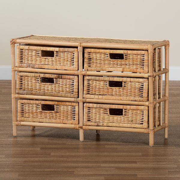 Modern Bohemian Natural Brown Rattan 6-Drawer Storage Cabinet