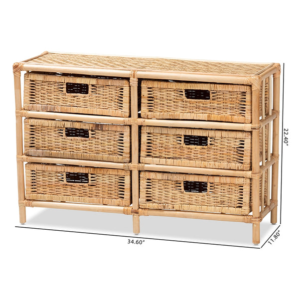 Modern Bohemian Natural Brown Rattan 6-Drawer Storage Cabinet