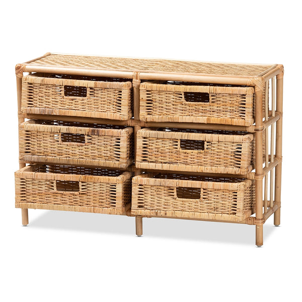 Modern Bohemian Natural Brown Rattan 6-Drawer Storage Cabinet