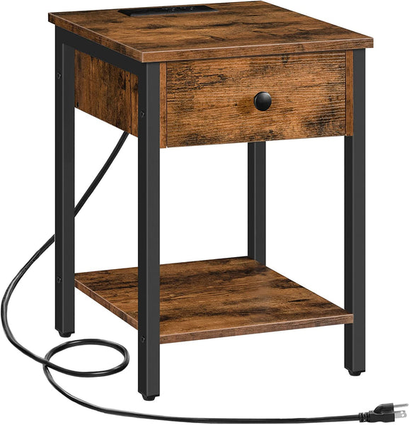 Nightstand, End Table with Charging Station and USB Ports, Side Table with Drawer and Storage Shelf, Bedside Table for Small Spaces and Bedroom, Rustic Brown