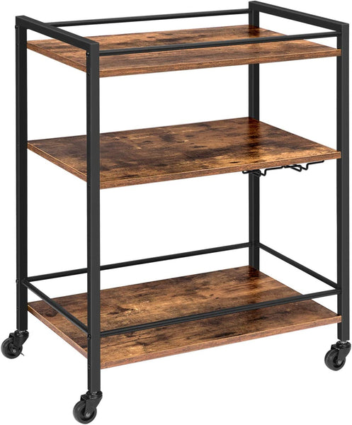 Bar Cart, Serving Cart with Wine Glasses Hooks, Rolling Kitchen Cart with Lockable Wheels, Beverage Cart with Storage Shelves, Adjustable Feet