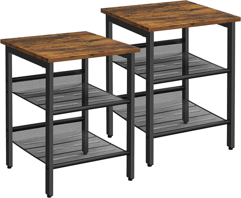 Nightstand, Set of 2 Side Tables with Adjustable Mesh Shelves, for Living Room, Bedroom, Stable Steel Frame