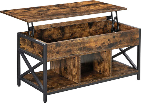 Lift Top Coffee Table, Living Room Table with Hidden and Open Storage Compartments, X-Shaped Steel Frame, for Living Room, Office, Reception, Rustic Brown and Black