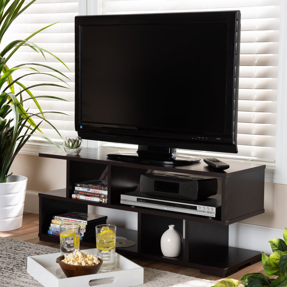 6 Shelves TV Stand Dark Brown Finished Wood Modern and Contemporary