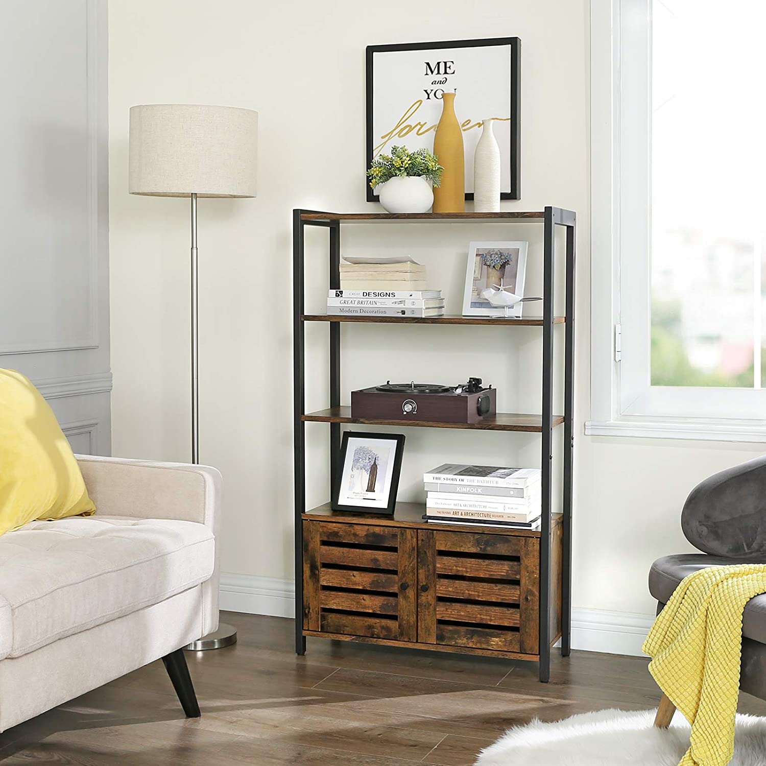 Industrial Storage Cabinet, Bookshelf, Cabinet with 3 Shelves and 2 Shutter Doors, Multifunctional