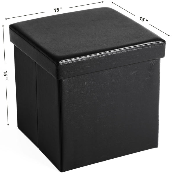 Faux Leather Storage Ottoman Cube Foldable Footrest Stool Black