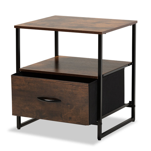 Hakan Modern Industrial Walnut Brown Finished Wood and Black Metal 1-Drawer Storage Cabinet