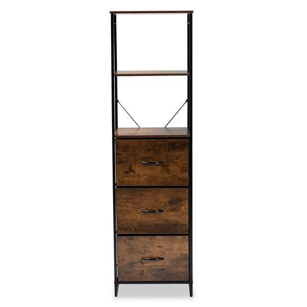 Hakan Modern Industrial Walnut Brown Finished Wood and Black Metal 3-Drawer Storage Cabinet