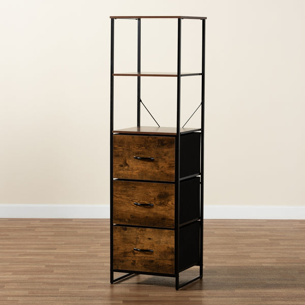 Hakan Modern Industrial Walnut Brown Finished Wood and Black Metal 3-Drawer Storage Cabinet