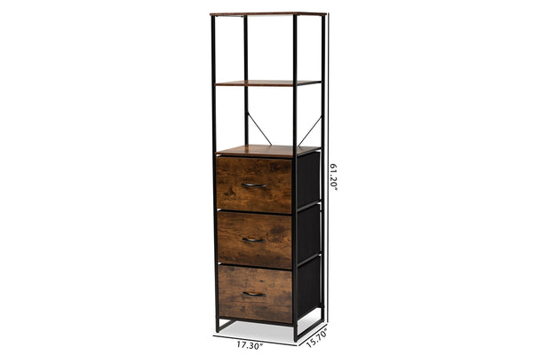 Hakan Modern Industrial Walnut Brown Finished Wood and Black Metal 3-Drawer Storage Cabinet