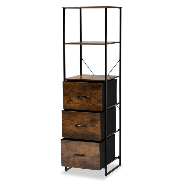 Hakan Modern Industrial Walnut Brown Finished Wood and Black Metal 3-Drawer Storage Cabinet