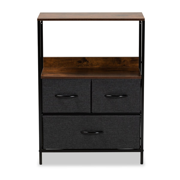 Hakan Modern Industrial Grey Fabric Upholstered and Walnut Brown Finished Wood 3-Drawer Storage Cabinet