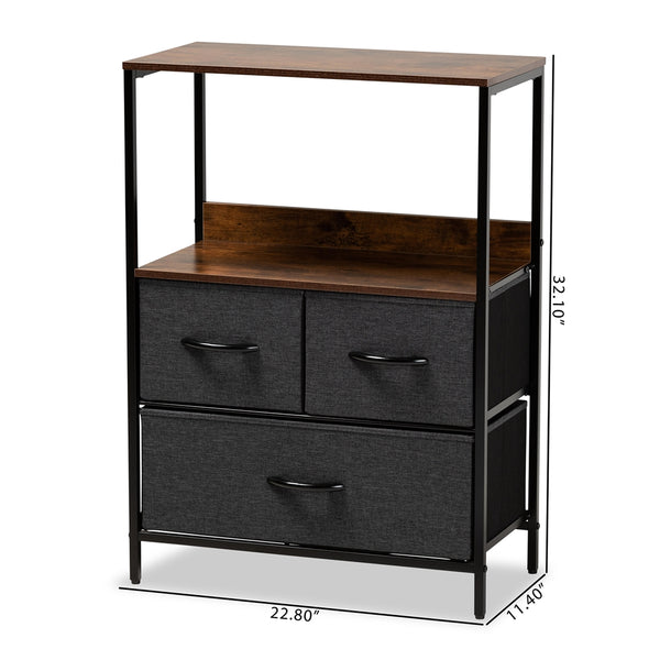 Hakan Modern Industrial Grey Fabric Upholstered and Walnut Brown Finished Wood 3-Drawer Storage Cabinet