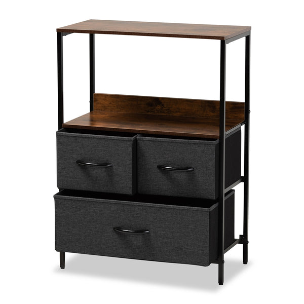 Hakan Modern Industrial Grey Fabric Upholstered and Walnut Brown Finished Wood 3-Drawer Storage Cabinet