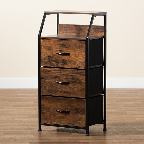 Modern Industrial Walnut Brown Finished Wood and Black Metal 3-Drawer Storage Cabinet