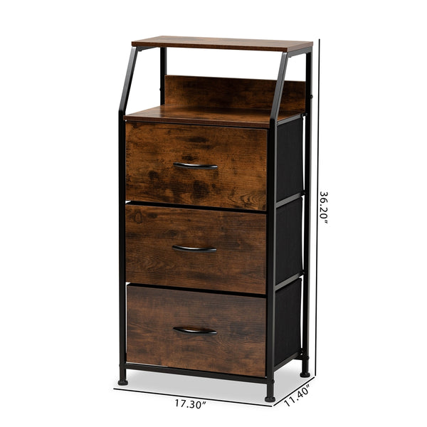 Modern Industrial Walnut Brown Finished Wood and Black Metal 3-Drawer Storage Cabinet