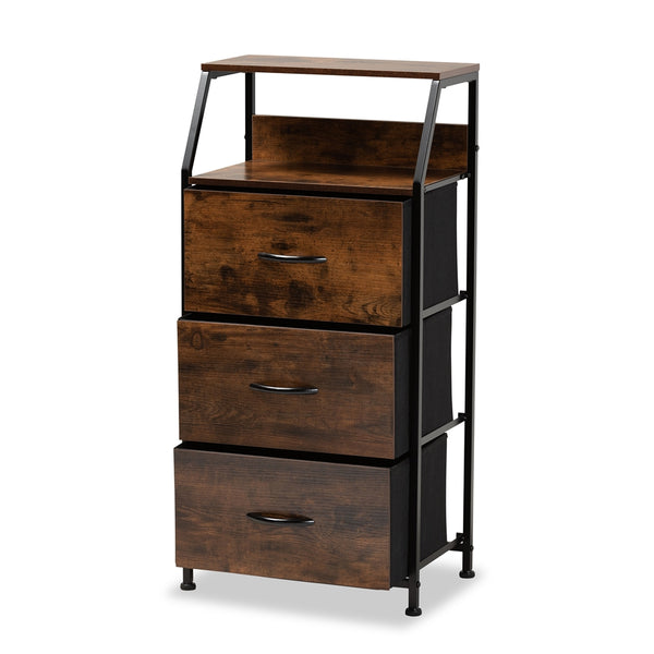 Modern Industrial Walnut Brown Finished Wood and Black Metal 3-Drawer Storage Cabinet