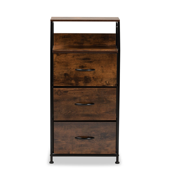 Modern Industrial Walnut Brown Finished Wood and Black Metal 3-Drawer Storage Cabinet