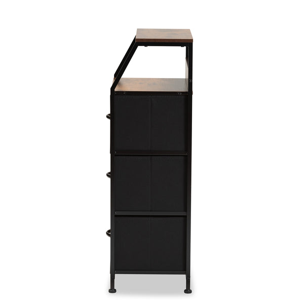 Modern Industrial Walnut Brown Finished Wood and Black Metal 3-Drawer Storage Cabinet