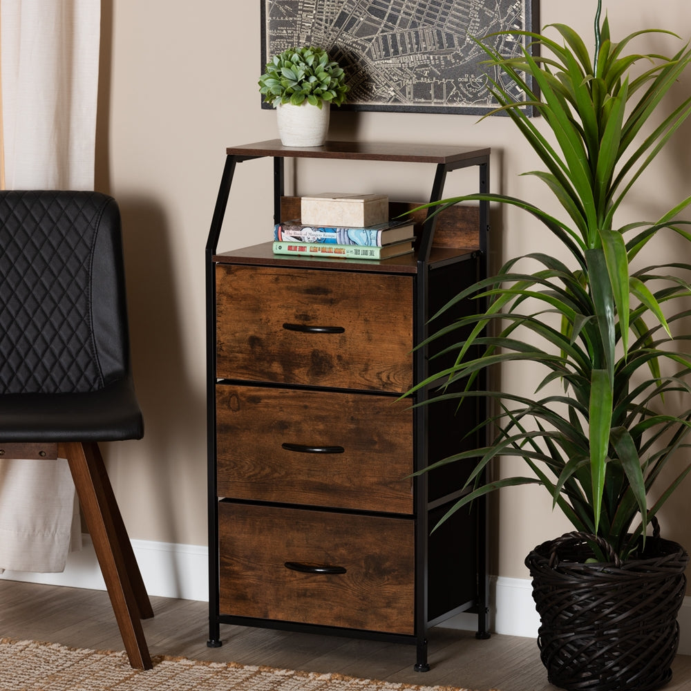 Modern Industrial Walnut Brown Finished Wood and Black Metal 3-Drawer Storage Cabinet