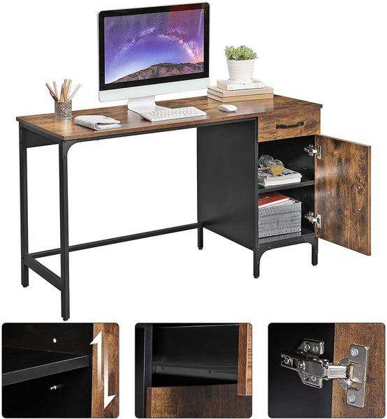 Computer Desk Office Desk with Drawer and Cabinet Rustic Brown