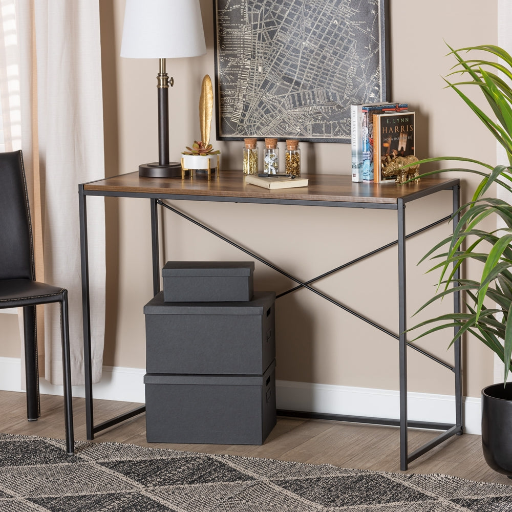 Pauric Modern Industrial Walnut Brown Finished Wood and Black Metal Desk