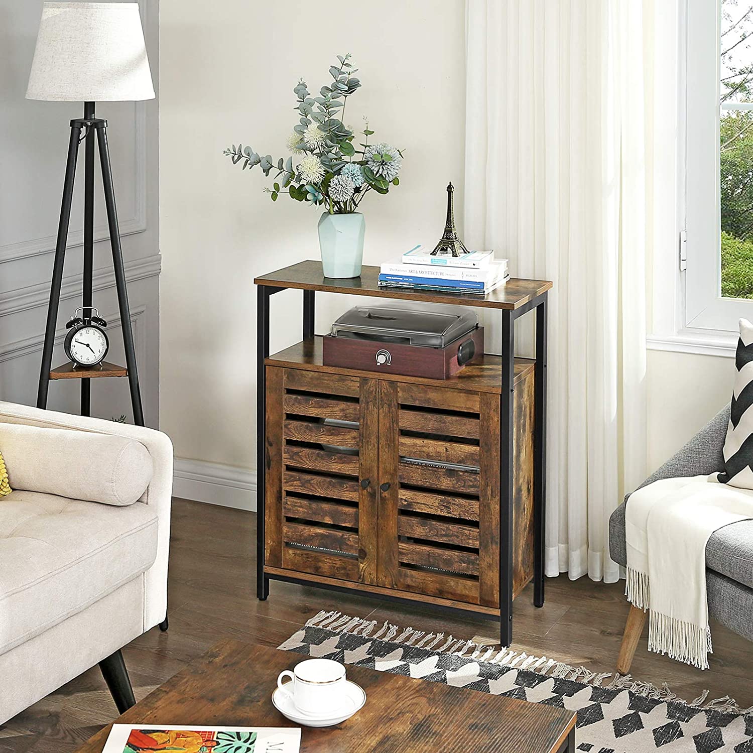 Standing Storage Cabinet with Shelf, Cupboard with Louvered Doors