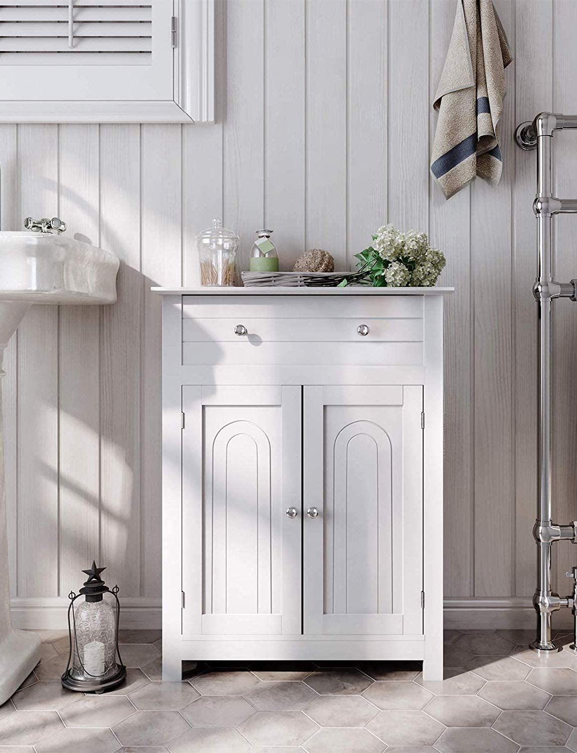 White Standing Bathroom Cabinet with Drawer and Adjustable Shelf Kitchen Cabinet