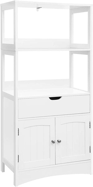 Bathroom Storage Cabinet with Drawers, 2 Open Shelves and Door Cabinet White