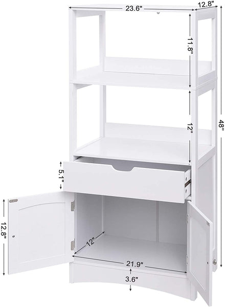 Bathroom Storage Cabinet with Drawers, 2 Open Shelves and Door Cabinet White