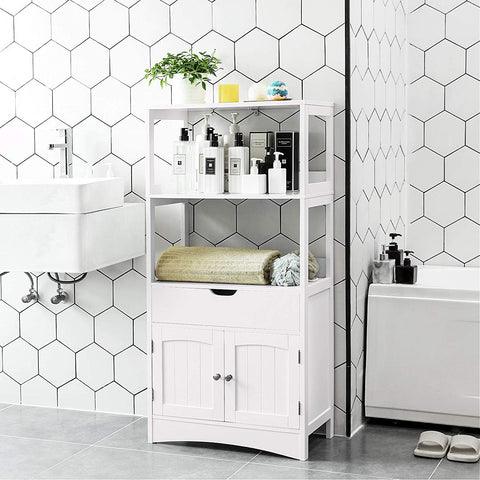 Bathroom Storage Cabinet with Drawers, 2 Open Shelves and Door Cabinet White