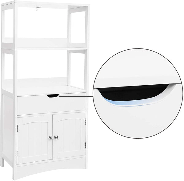 Bathroom Storage Cabinet with Drawers, 2 Open Shelves and Door Cabinet White