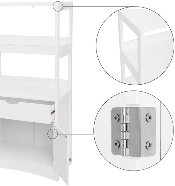 Bathroom Storage Cabinet with Drawers, 2 Open Shelves and Door Cabinet White