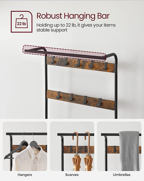 Entryway Bench with Coat Rack, Hall Tree with Shoe Bench 4-in-1, with 9 Removable Hooks, a Hanging Rod, Rustic Brown and Black