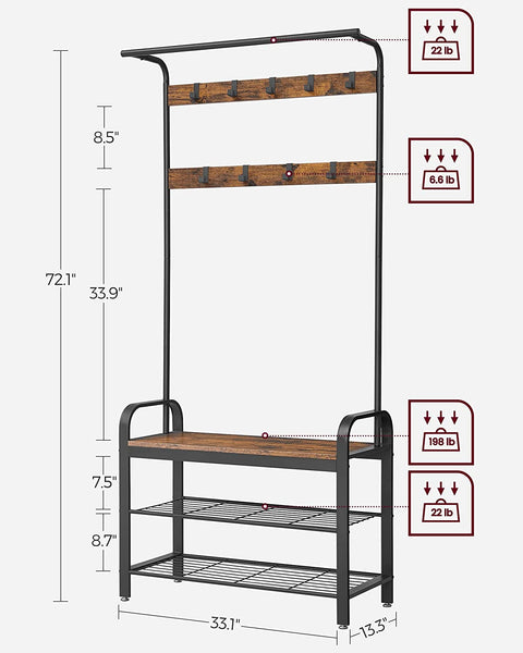 Entryway Bench with Coat Rack, Hall Tree with Shoe Bench 4-in-1, with 9 Removable Hooks, a Hanging Rod, Rustic Brown and Black