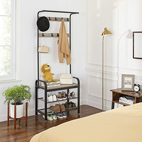 Coat Rack Stand Free Standing Coat Stand with Bench, Shoes Rack with Removable Hooks Gray