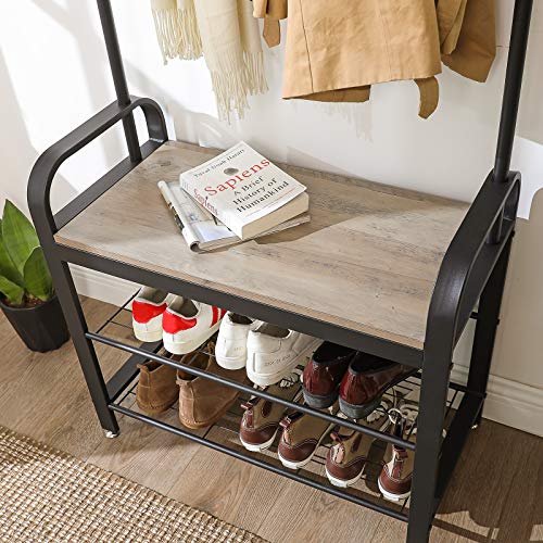 Coat Rack Stand Free Standing Coat Stand with Bench, Shoes Rack with Removable Hooks Gray