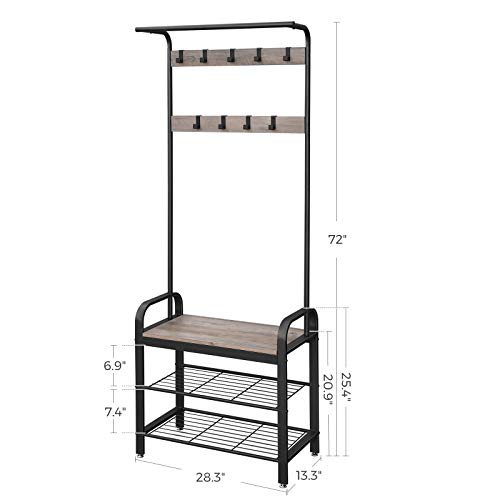 Coat Rack Stand Free Standing Coat Stand with Bench, Shoes Rack with Removable Hooks Gray