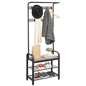 Coat Rack Stand Free Standing Coat Stand with Bench, Shoes Rack with Removable Hooks Gray