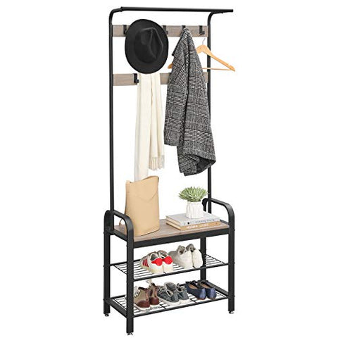 Coat Rack Stand Free Standing Coat Stand with Bench, Shoes Rack with Removable Hooks Gray