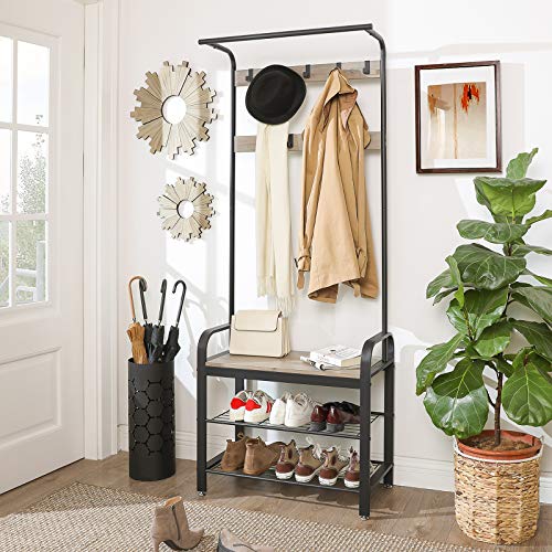 Coat Rack Stand Free Standing Coat Stand with Bench, Shoes Rack with Removable Hooks Gray